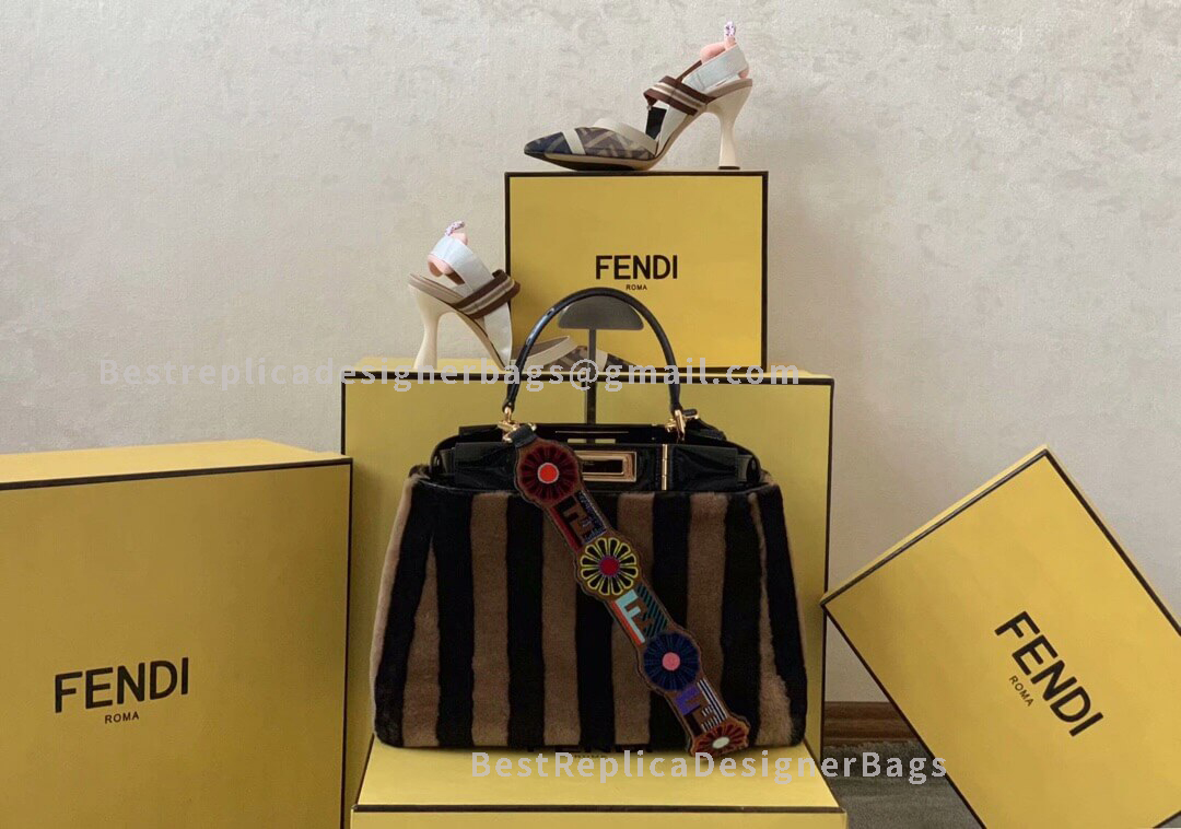 Fendi Peekaboo Iconic Medium Black And Brown Mink Effect Stripe Patent Leather Bag 2118M